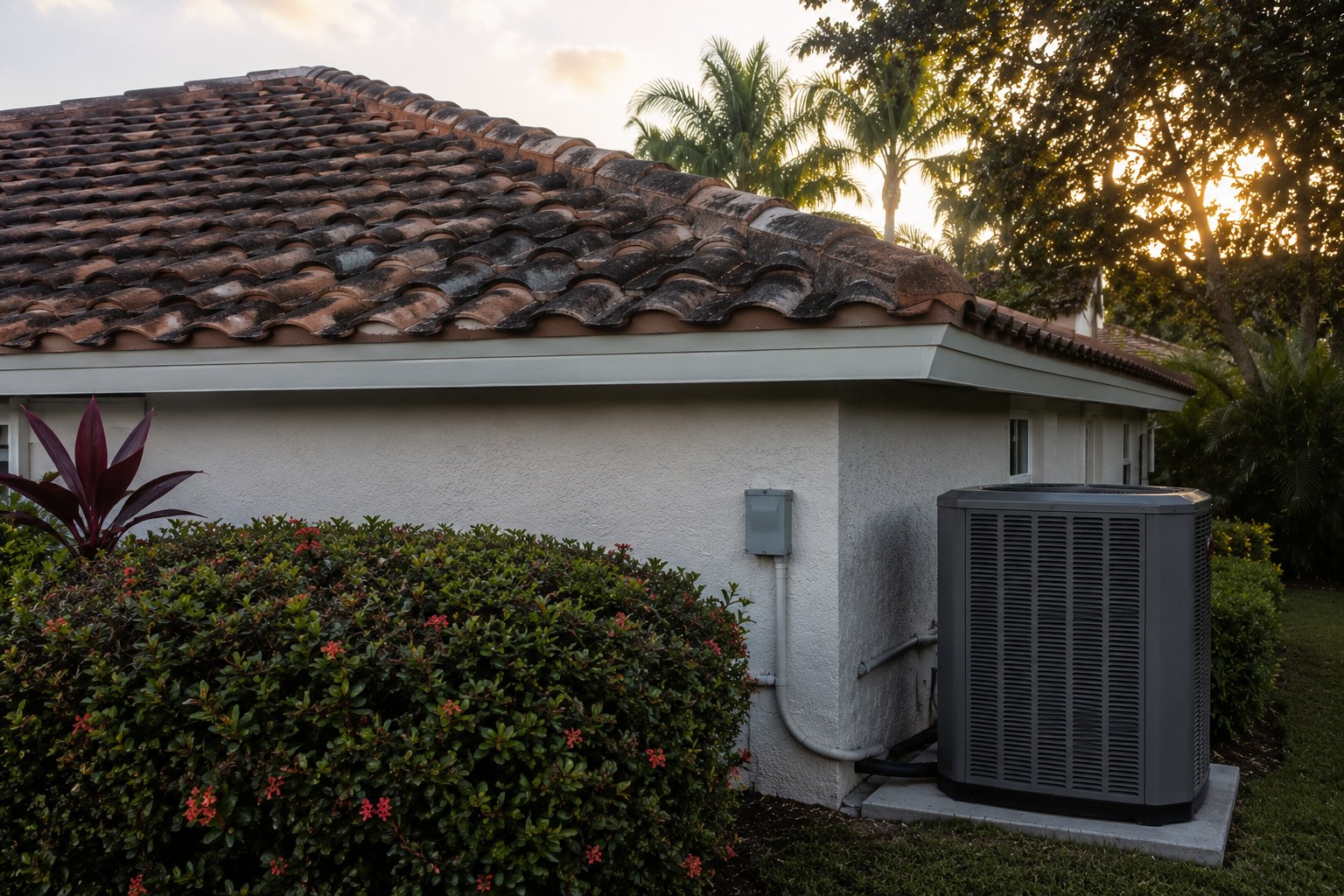A weathered barrel tile roofline above a newer exterior air handling unit at a single-family home in Palm Beach County, Florida, photographed in early evening light. The scene accompanies an article on home maintenance versus capital replacement — how recurring upkeep and once-per-life component replacement are different kinds of cost, and why confusing them produces the concentrated year.