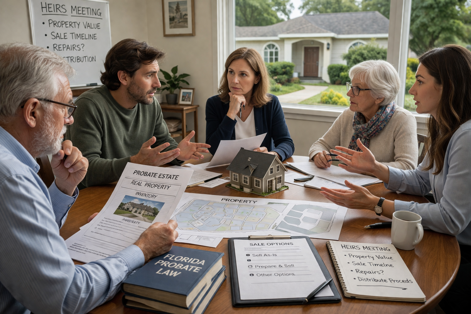 Florida probate real estate with multiple heirs discussing property decisions, showing coordination and differing priorities