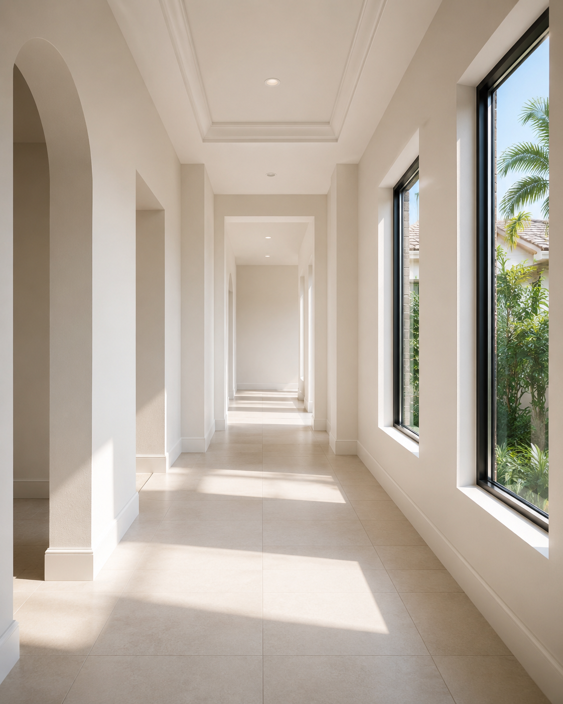 A sun-filled interior hallway of a newer Palm Beach Gardens home, photographed in late morning light with impact-rated windows casting clean lines across uncluttered tile floors. The image supports an article exploring how the shift from older to newer construction in South Florida changes the daily experience of homeownership — specifically the reduction of operational friction and ongoing maintenance demands. Captured in Palm Beach Gardens, Florida, to reflect the active residential market context of Palm Beach County homeowner transitions.