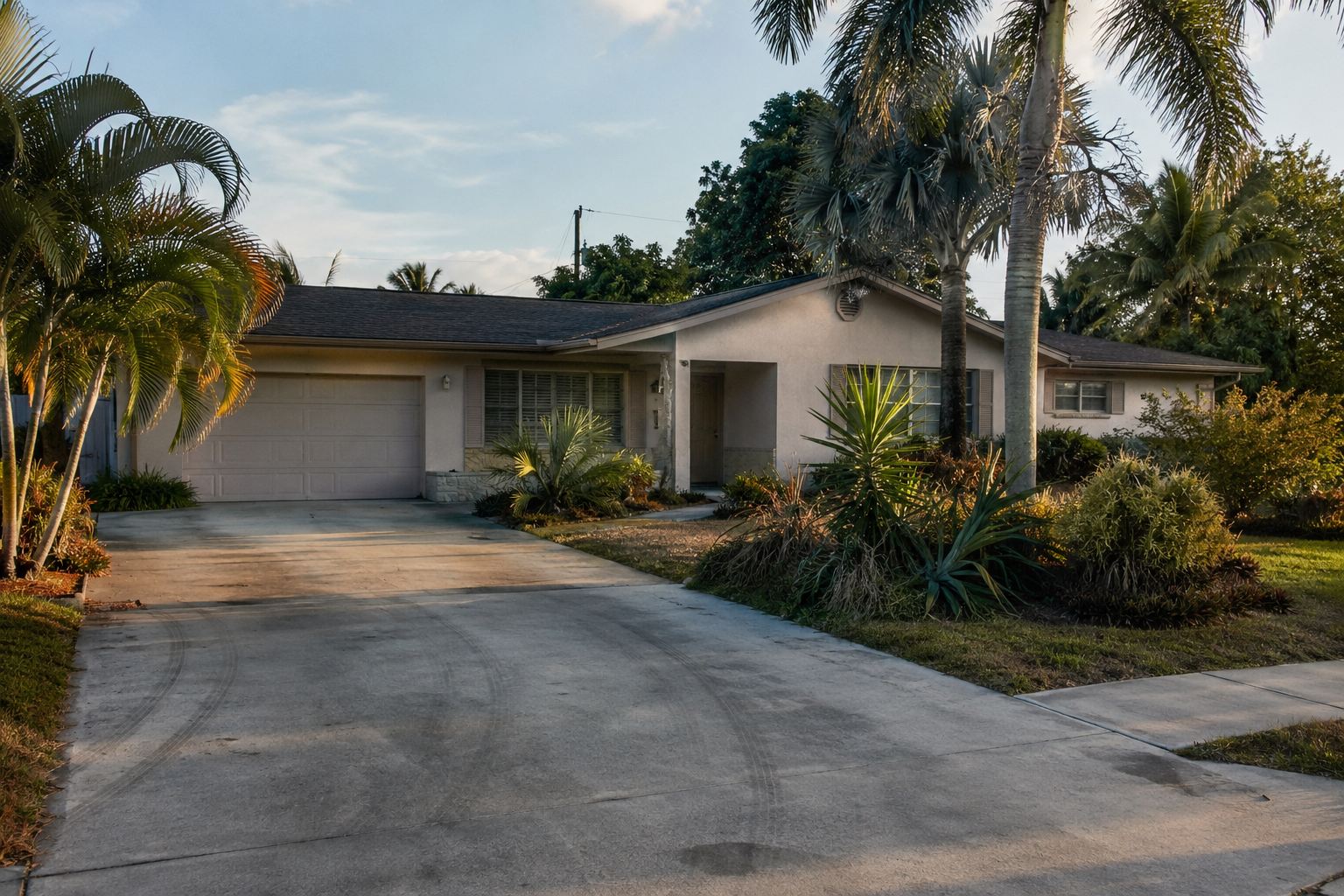 A photorealistic exterior view of a mid-century Florida home in Palm Beach Gardens with partially drawn shutters, an empty driveway, and an unmaintained lawn edge in late afternoon light. The scene reflects the operational and emotional complexity facing out-of-state heirs managing Palm Beach County probate real estate from a distance. The stillness of the property visually communicates the carrying costs and deferred decisions that accumulate when no one is present to manage them locally.
