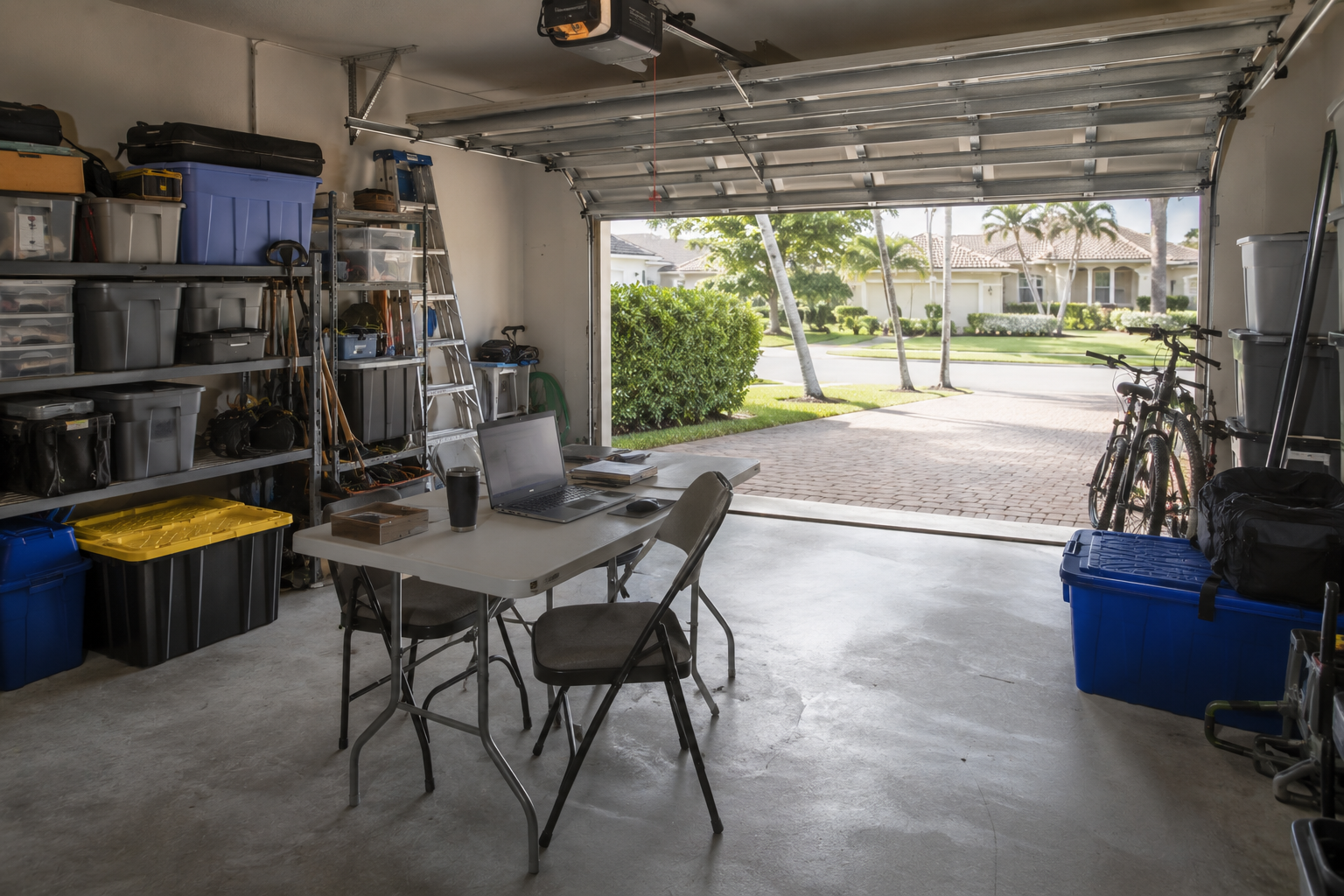 A garage serving as storage and workspace, representing the accumulated household workarounds that signal a Palm Beach County family may have outgrown its home. Supports a consumer-education blog asset on when making do stops being the right answer.