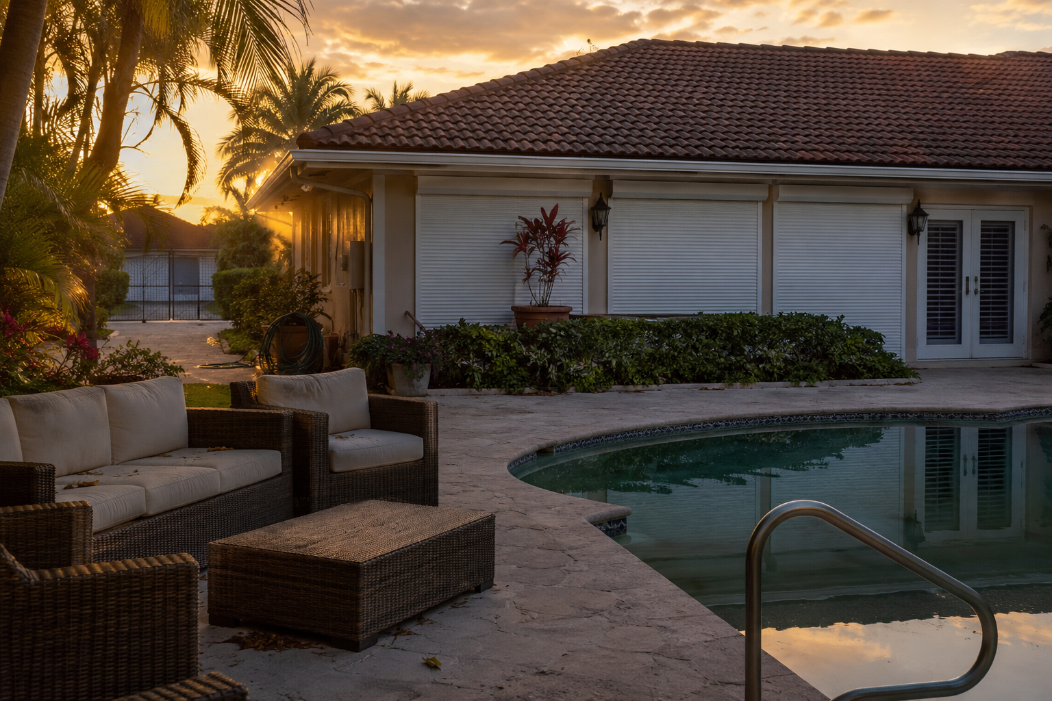 A late-afternoon residential scene in West Palm Beach, Florida, capturing the quiet visual weight of a home that is maintained but no longer fully inhabited in spirit — empty patio furniture, an undisturbed pool surface, and shuttered interior windows reflect the accumulation of ownership fatigue over time. The image supports content about Palm Beach County homeowner transitions, simplifying ownership, and the moment a home begins costing more than it gives back. Intended for use with blog and social assets targeting homeowners in the Sell High Buy Smart funnel navigating downsizing and lifestyle simplification decisions.