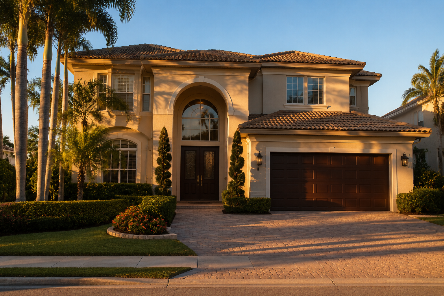A quietly composed late-afternoon exterior of a Palm Beach County residential home with closed shutters and an empty driveway, evoking the stillness of a transition already in motion. The image supports content about how equity accumulated in Palm Beach County creates disproportionate buying power in Port St. Lucie, and the behavioral patterns of homeowners who are further along in their decision than they appear. Shot in Palm Beach Gardens, FL.