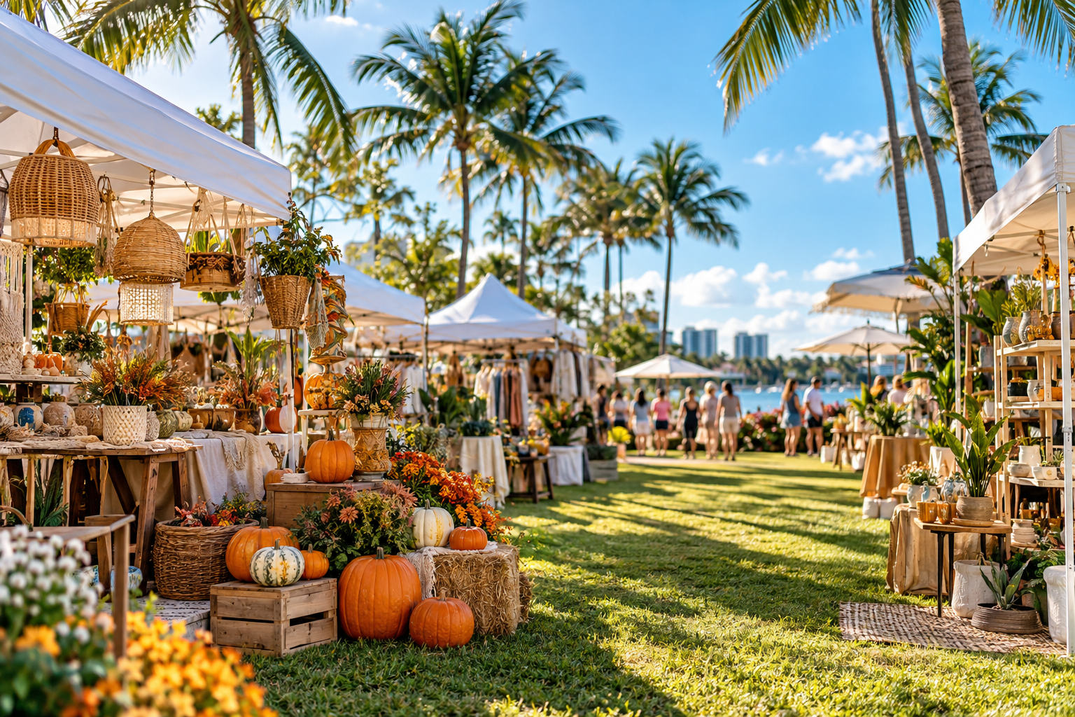 Fall craft fair under palm trees in West Palm Beach, Florida