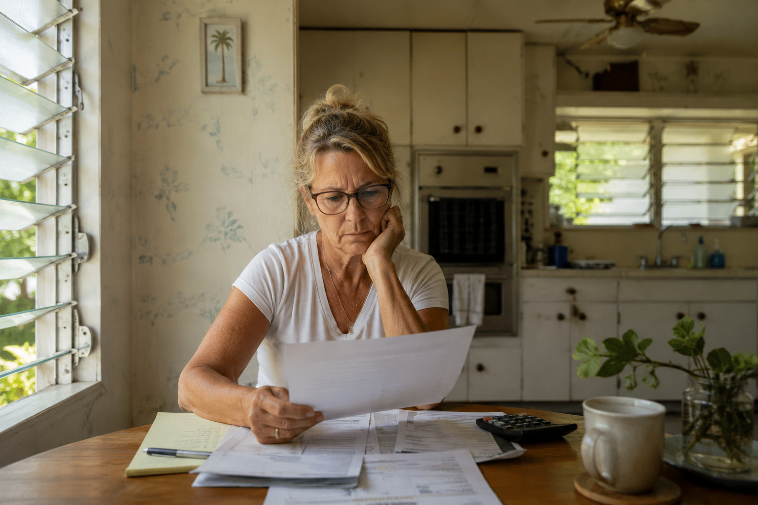 A Palm Beach County homeowner sits at a kitchen table reviewing household documents in an older South Florida home. The image reflects the financial and lifestyle decisions many long-term homeowners face when considering whether to remain in their current property or transition to a newer, lower-maintenance home.