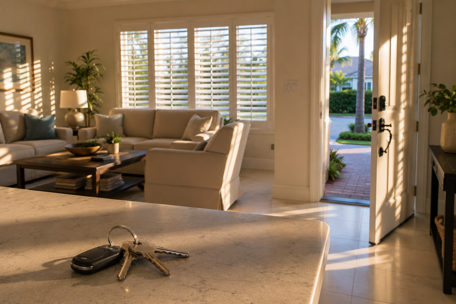 A photorealistic interior scene depicting a well-maintained Palm Beach County home at late afternoon — warm light crossing an empty living room, keys resting near an open door, the space carrying the atmosphere of a life in transition. The image supports content about Palm Beach County homeowners choosing to simplify ownership and relocate to Port St. Lucie in 2026, reflecting the emotional register of ownership fatigue and deliberate lifestyle recalibration rather than financial pressure.