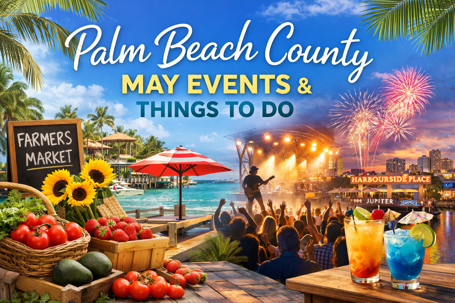 Palm Beach County May events featuring outdoor markets, live music, waterfront activities, and South Florida lifestyle