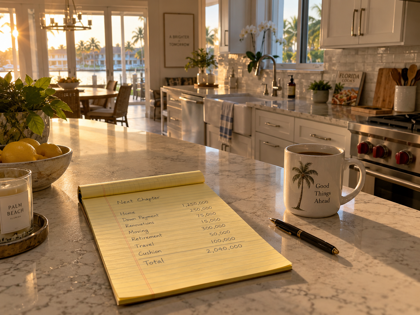 A photorealistic interior scene inside a Palm Beach County residential home, late afternoon light crossing a kitchen counter where a legal pad with handwritten financial columns rests beside a coffee cup. The image reflects the experience of homeowners working through an equity release and carrying cost analysis as part of a Palm Beach County to Port St. Lucie relocation decision. No people are present — the visual emphasizes the quiet, deliberate nature of a financial decision being held over time rather than made impulsively