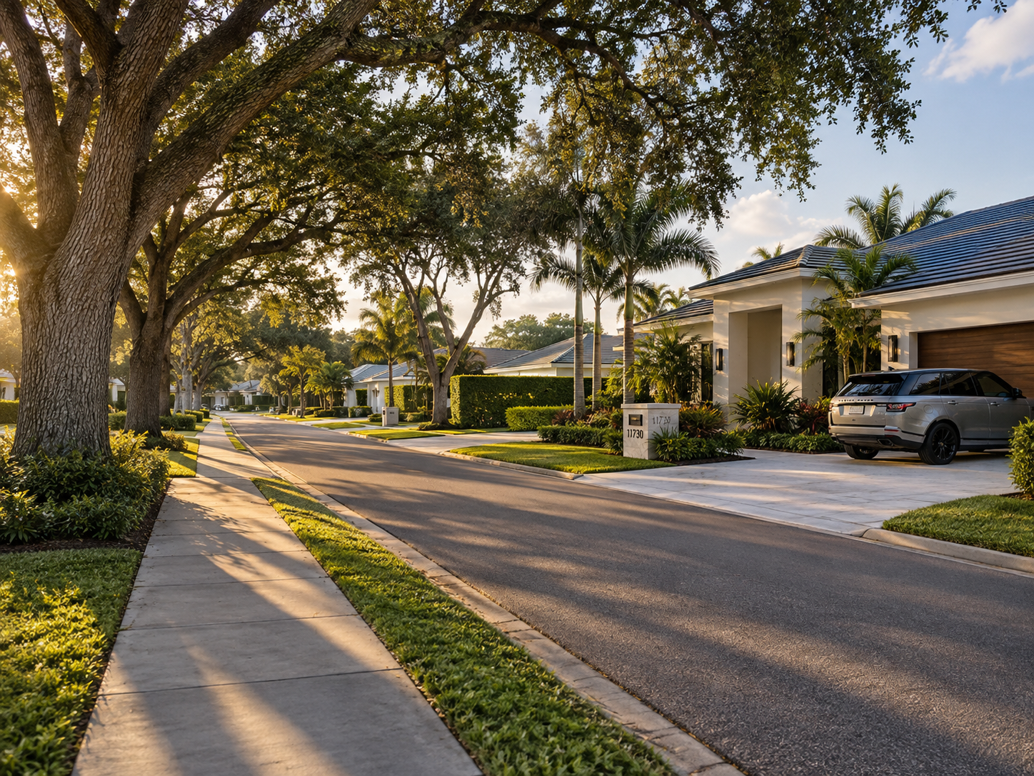 A late-afternoon residential street in Palm Beach Gardens, Florida, photographed with a photorealistic register that emphasizes earned stillness and reduced ownership friction — visual context for a healthcare professional relocation asset focused on why Palm Beach County offers simplifying ownership conditions other Florida markets do not. The scene anchors the asset's core behavioral argument: that the professionals who thrive in Palm Beach County are drawn not by what the market offers, but by what it allows them to stop managing