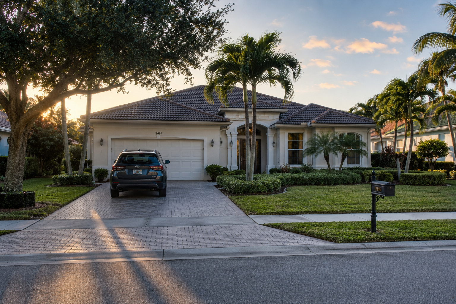 A photorealistic residential scene in Palm Beach Gardens, Florida, depicting a well-kept single-family home in early morning stillness — representing the intersection of Palm Beach County's growing healthcare employment hub and the homeowner transitions that accompany professional relocation. The image communicates purposeful calm, consistent with the decision-making register of healthcare professionals evaluating long-term housing in a compressed timeline. Intended to support content addressing real estate considerations for relocating healthcare professionals in Palm Beach County.