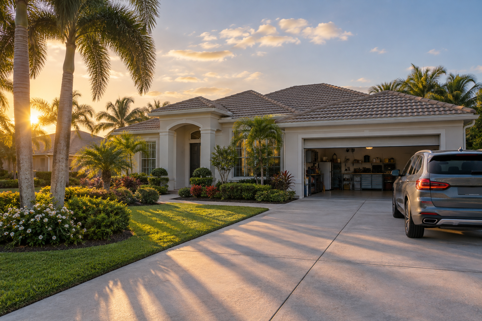 A photorealistic exterior view of a well-maintained residential property in Palm Beach Gardens, Florida, captured at late afternoon with long shadows across the driveway and a partially open garage. The scene reflects the current buyer behavior shift in Palm Beach County — where showing visits increasingly function as structural and systems evaluations rather than emotional walk-throughs. The composition conveys quiet assessment rather than excitement, reinforcing the seller preparation themes of the associated content.