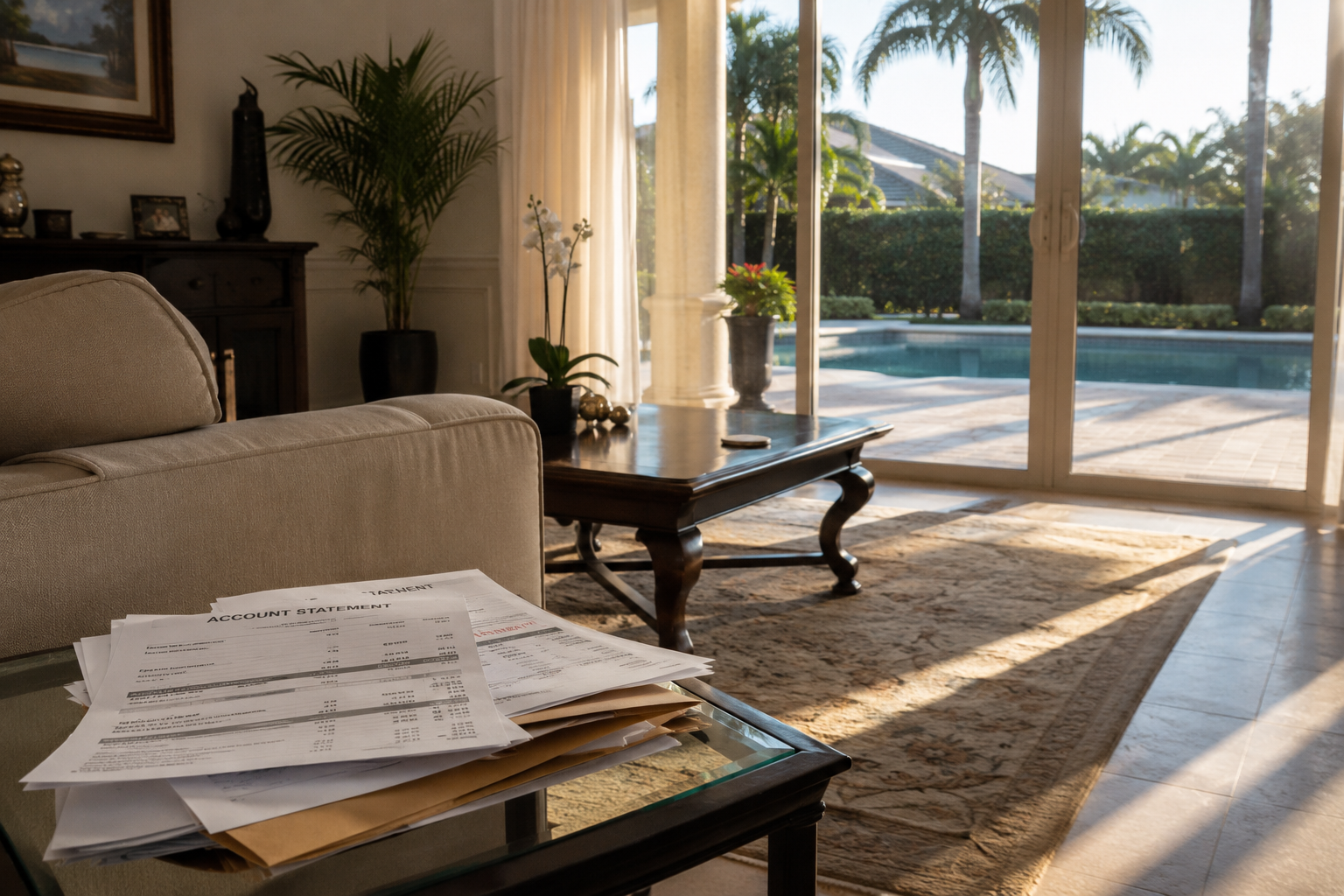 A photorealistic scene of a large screened lanai and pool deck on an estate-sized Palm Beach Gardens home in late afternoon. The composition conveys the quiet overhead of high-maintenance Palm Beach County ownership — the kind of property whose carrying costs accumulate visually as well as financially. Relevant to the financial comparison between remaining in Palm Beach County and transitioning to Port St. Lucie for homeowners evaluating ownership sustainability.