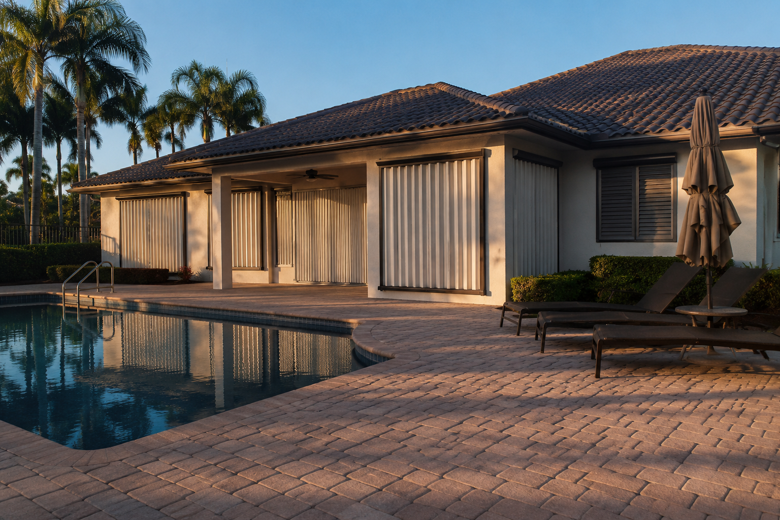 A photorealistic late-afternoon scene in Palm Beach Gardens, Florida, showing a large residential home with closed accordion shutters and an empty pool deck, the long shadows across the pavers suggesting a property between active use and transition. The image contextualizes the growing pattern of Palm Beach County homeowners evaluating simplifying ownership and relocating to Port St. Lucie as a lifestyle and equity decision. The visual register conveys a home that is well-maintained but quietly dormant — a scene that mirrors the ownership fatigue many long-term Palm Beach County homeowners describe before beginning the simplification conversation.