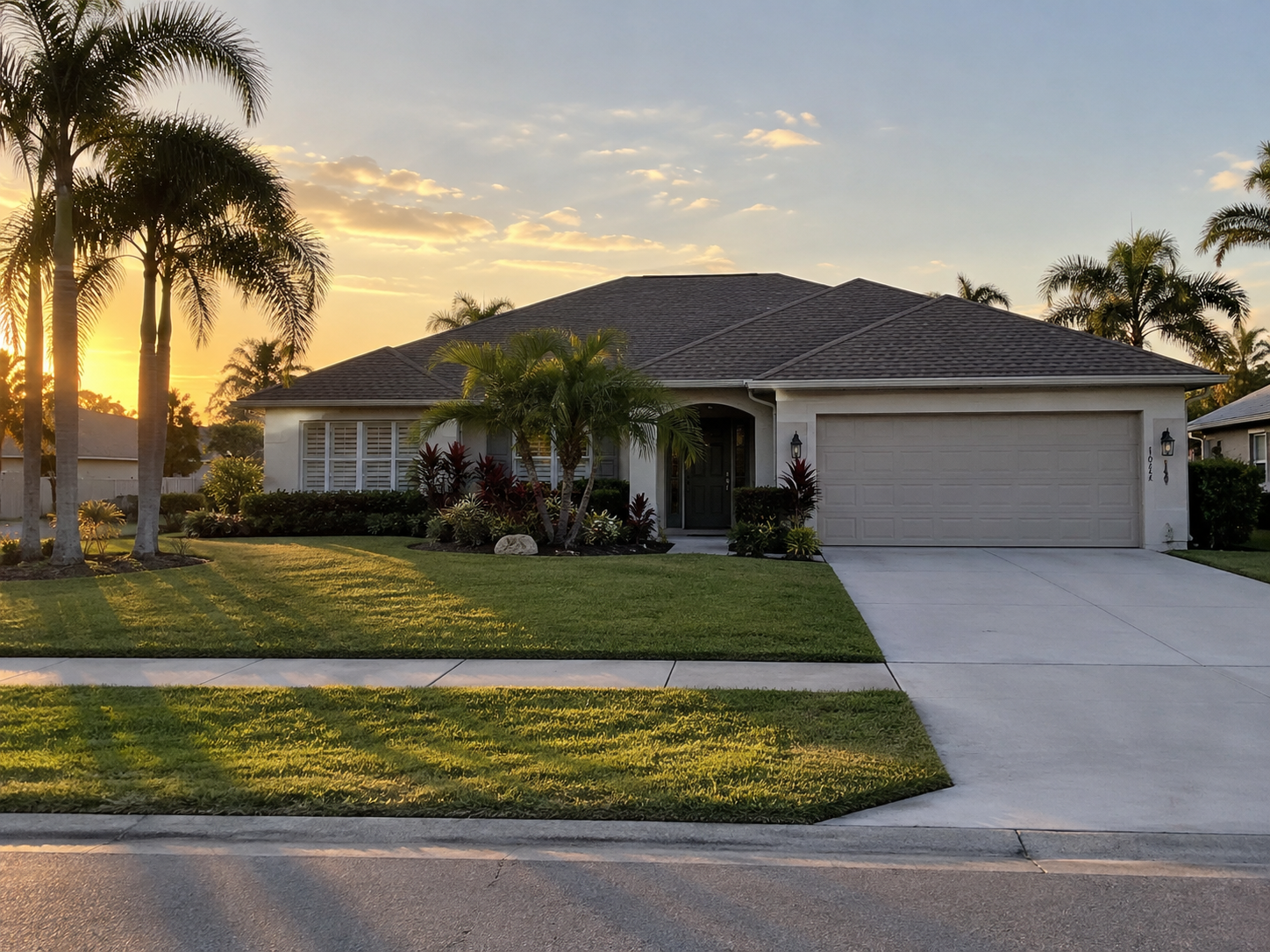 A photorealistic late-afternoon scene in Port St. Lucie, Florida, capturing a single-story residential home with closed shutters and an empty driveway bathed in warm golden light. The image reflects the emotional register of deliberate lifestyle simplification — the kind of quiet, intentional homeowner transition increasingly common among Palm Beach County residents recalibrating their ownership footprint. The scene conveys clarity and calm rather than distress, reinforcing the behavioral pattern the asset describes.