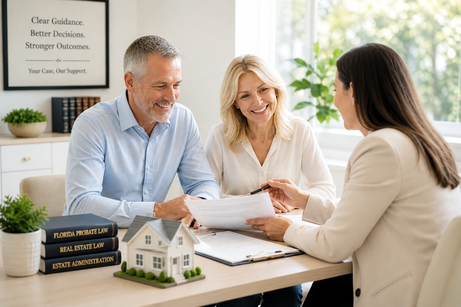 probate heir coordination discussion with legal documents and house model in a professional office setting for florida attorneys