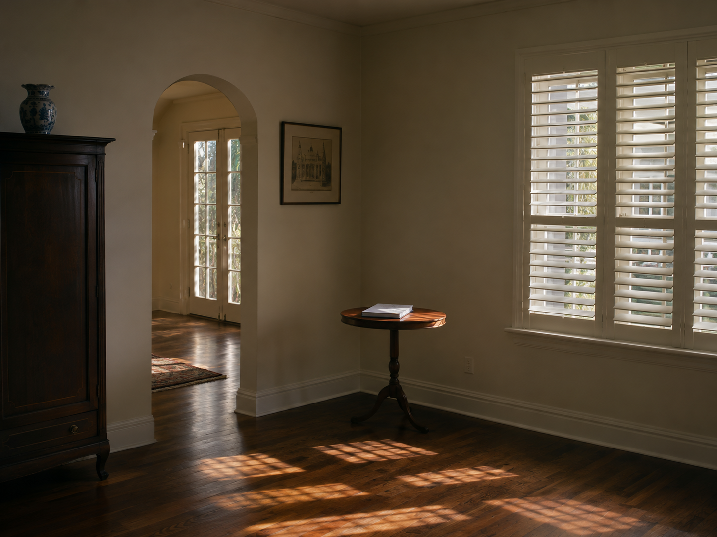 A photorealistic interior scene of a Florida home in West Palm Beach, shot in late afternoon light filtering through partially closed shutters onto an empty hardwood floor. A single folded document rests on a side table, evoking the quiet stall of an estate where probate and non-probate asset questions remain unresolved. The image is intended to accompany educational content about the difference between probate and non-probate property in Florida, with contextual relevance to Palm Beach County inherited property transitions.