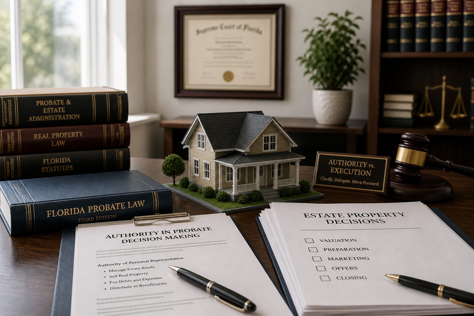 probate property authority documents with house model and law books in a professional office setting for attorneys in florida