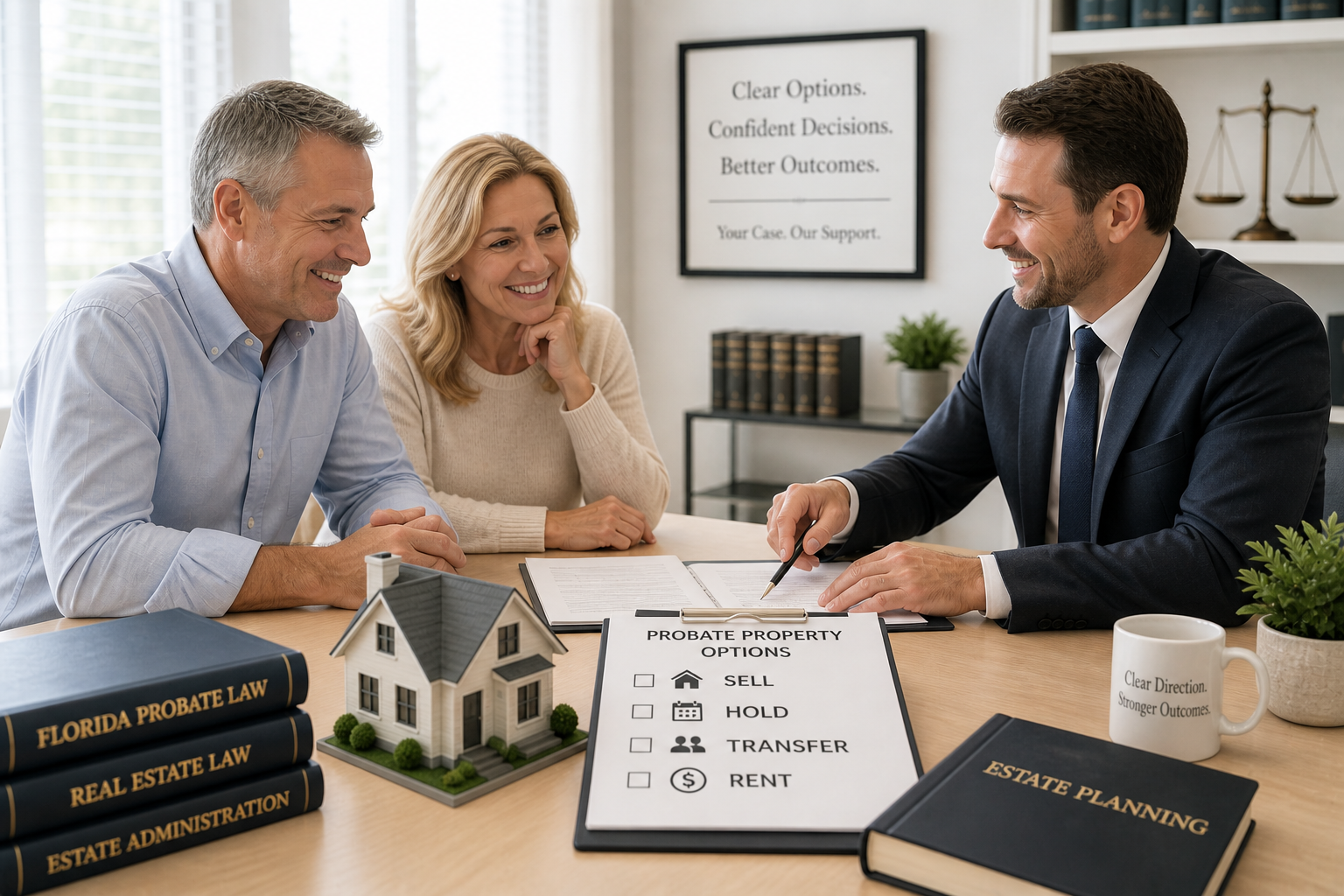 probate heir coordination discussion with legal documents and house model in a professional office setting for florida attorneys