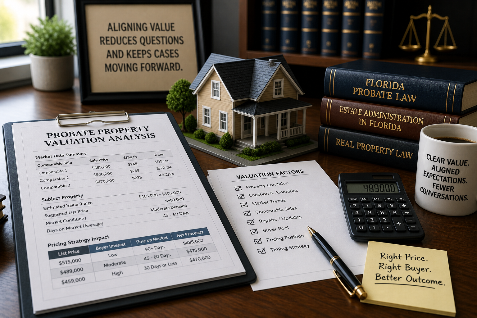 probate property valuation documents with house model and law books in a professional office setting for florida attorneys