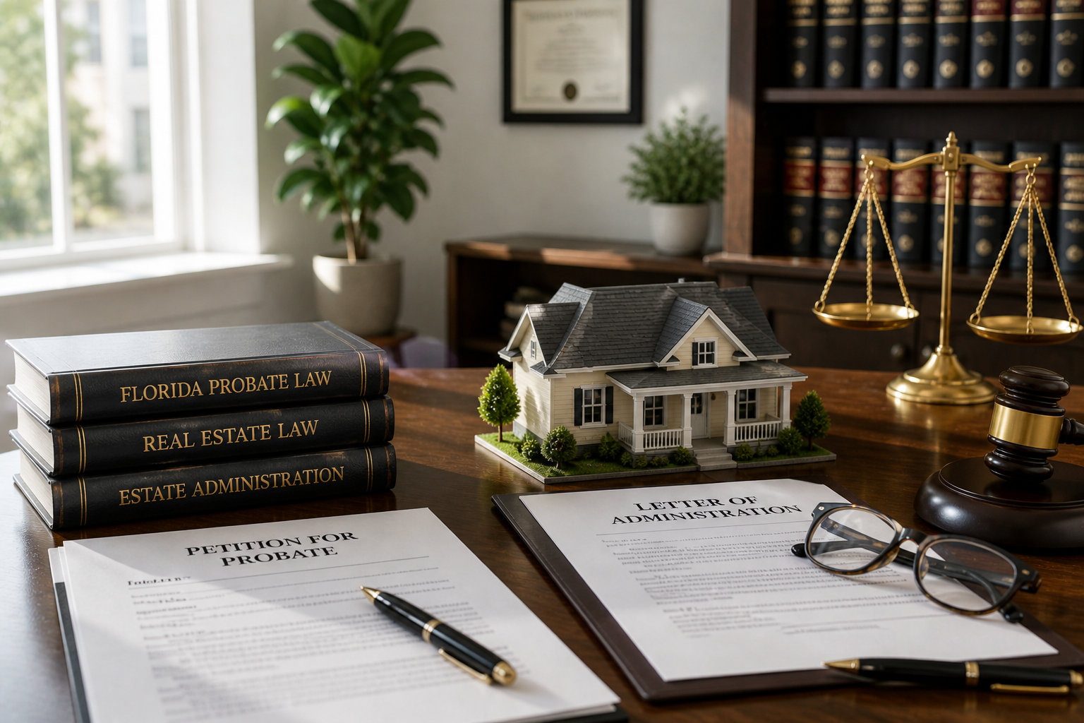 probate real estate documents with house model and law books in a bright professional office setting for attorneys in florida