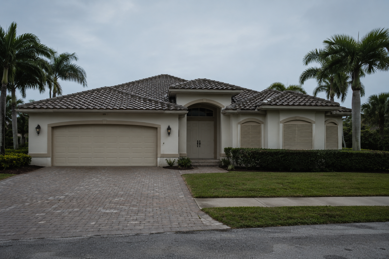 A photorealistic exterior of a West Palm Beach residential property under overcast afternoon light, shutters closed and driveway empty — visually representing the pause point between legal process and real estate execution that characterizes probate matters in Palm Beach County. The stillness of the scene reflects the coordination gap that develops when legal timelines and real estate timelines run without alignment. Captured in the context of probate real estate support for attorneys managing estate property in South Florida.