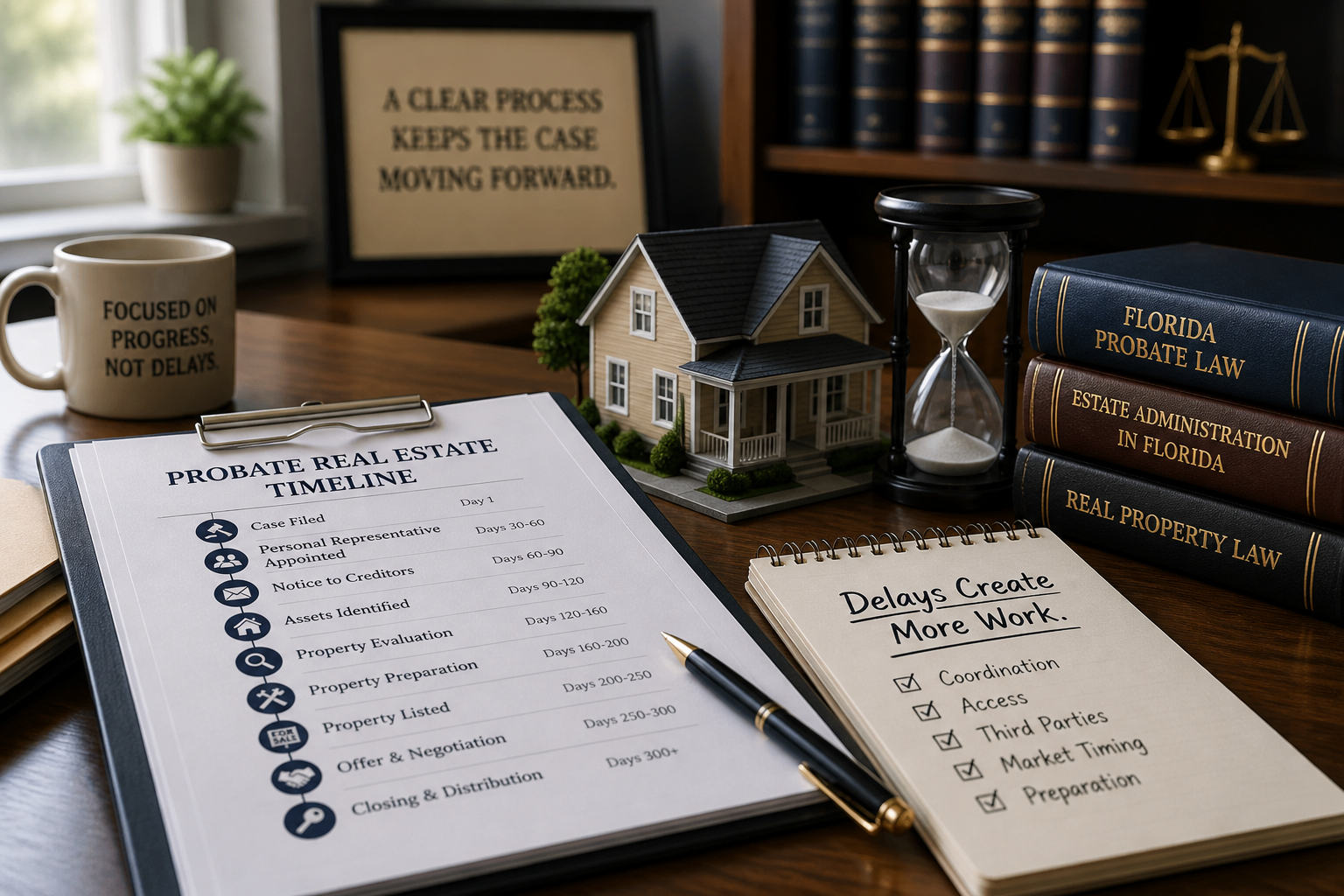 probate real estate timeline documents with house model and law books in a professional office setting for florida attorneys