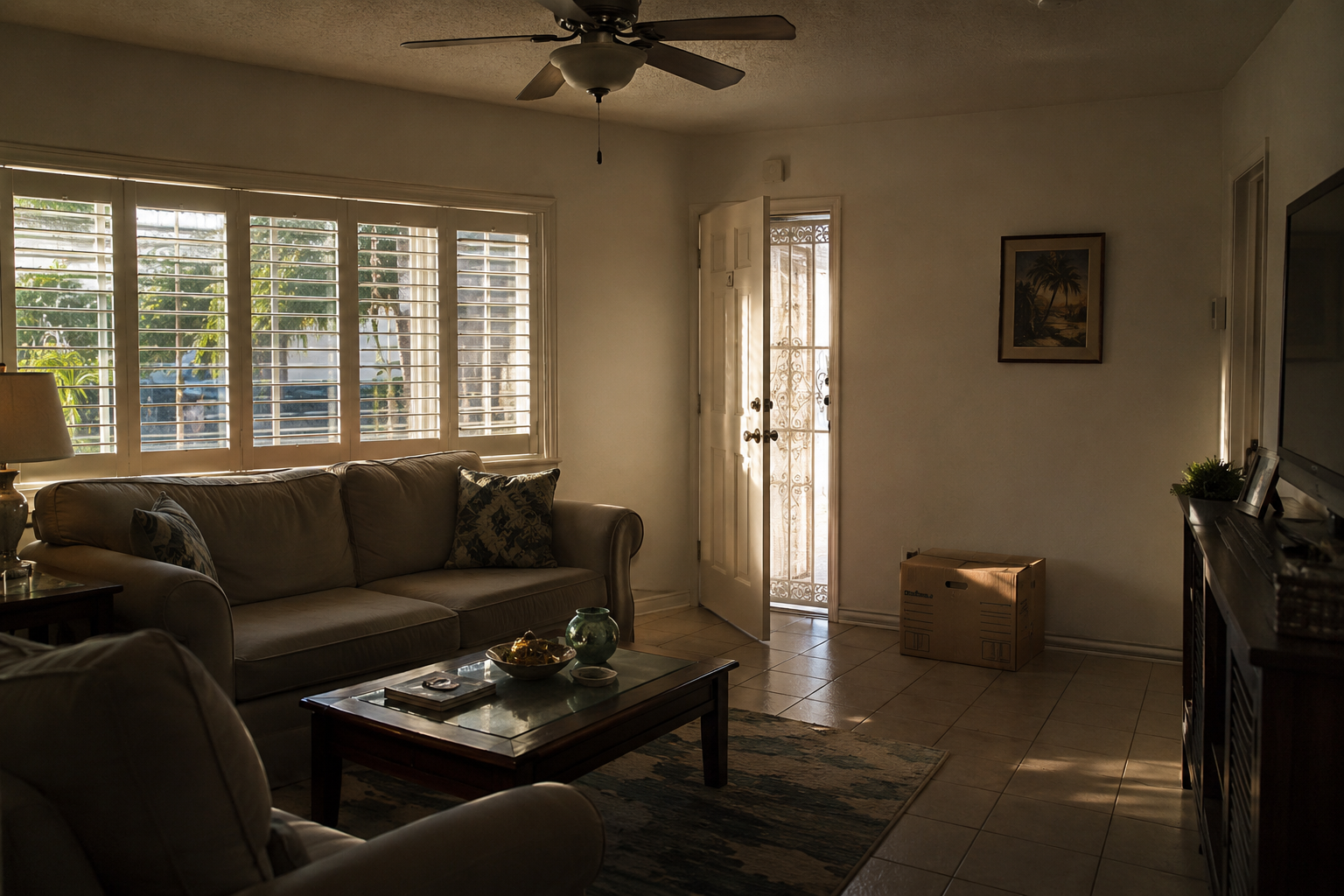 A photorealistic interior scene of a West Palm Beach home during a probate ownership period — low afternoon light filtering through partially closed shutters, furniture undisturbed, a single box near the entry suggesting transition without completion. The image was produced to accompany content on why Florida probate real estate timelines extend beyond heir expectations in Palm Beach County, and the ownership fatigue that accumulates during that period.