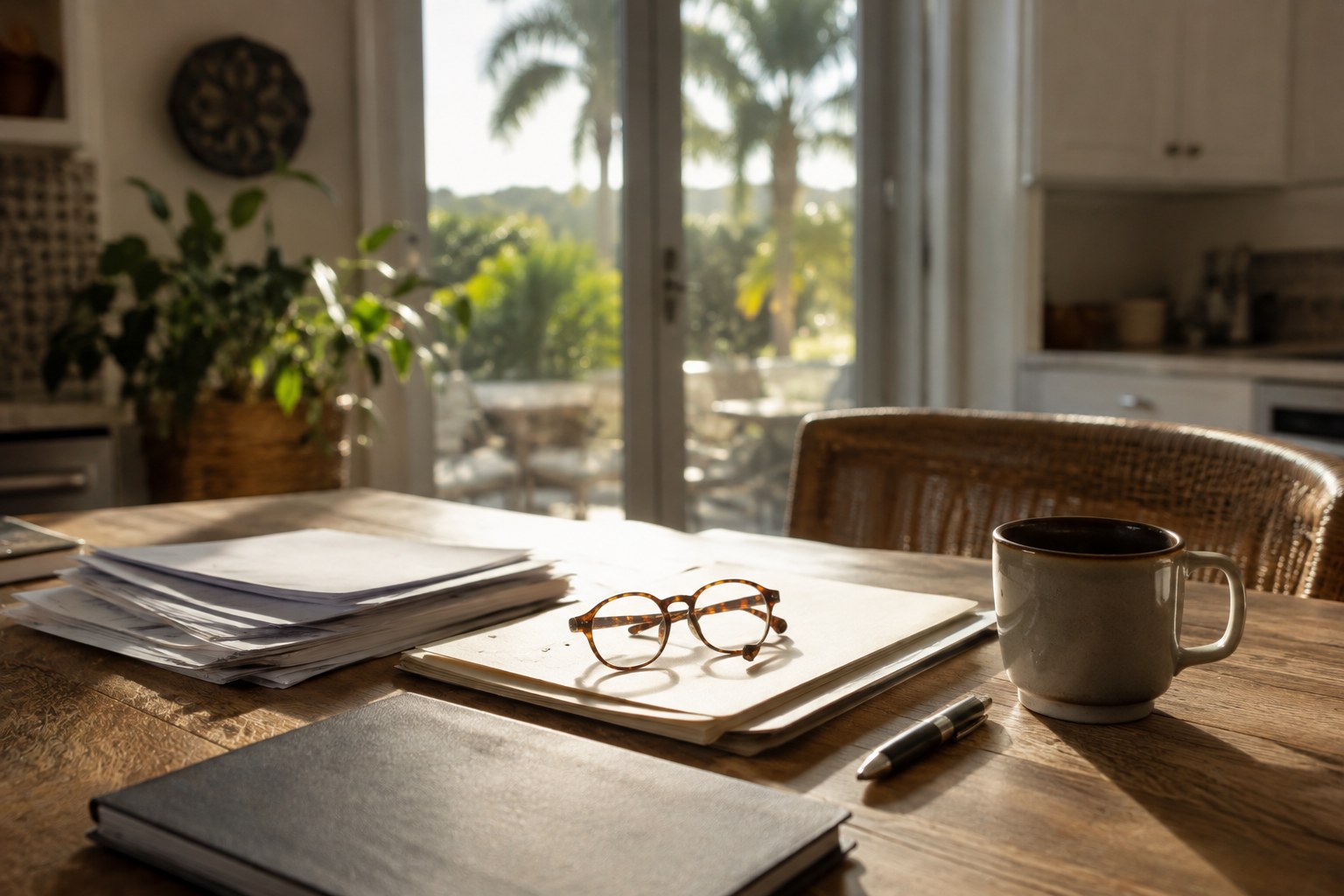 Kitchen table in an established Palm Beach County home, supporting a blog mapping which professionals answer which parts of a housing decision and the order their answers become useful.