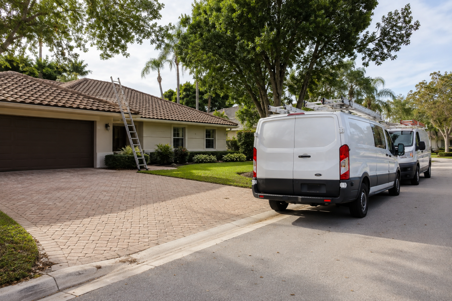 A single-family residence in Palm Beach County, Florida, with two service vehicles present and a ladder set against the eave. The scene accompanies an article on property resilience and carrying costs — the difference between what a property costs in an ordinary year and what it absorbs when two large items land in the same quarter. Visual register is deliberately undramatic: routine work, arriving at once.