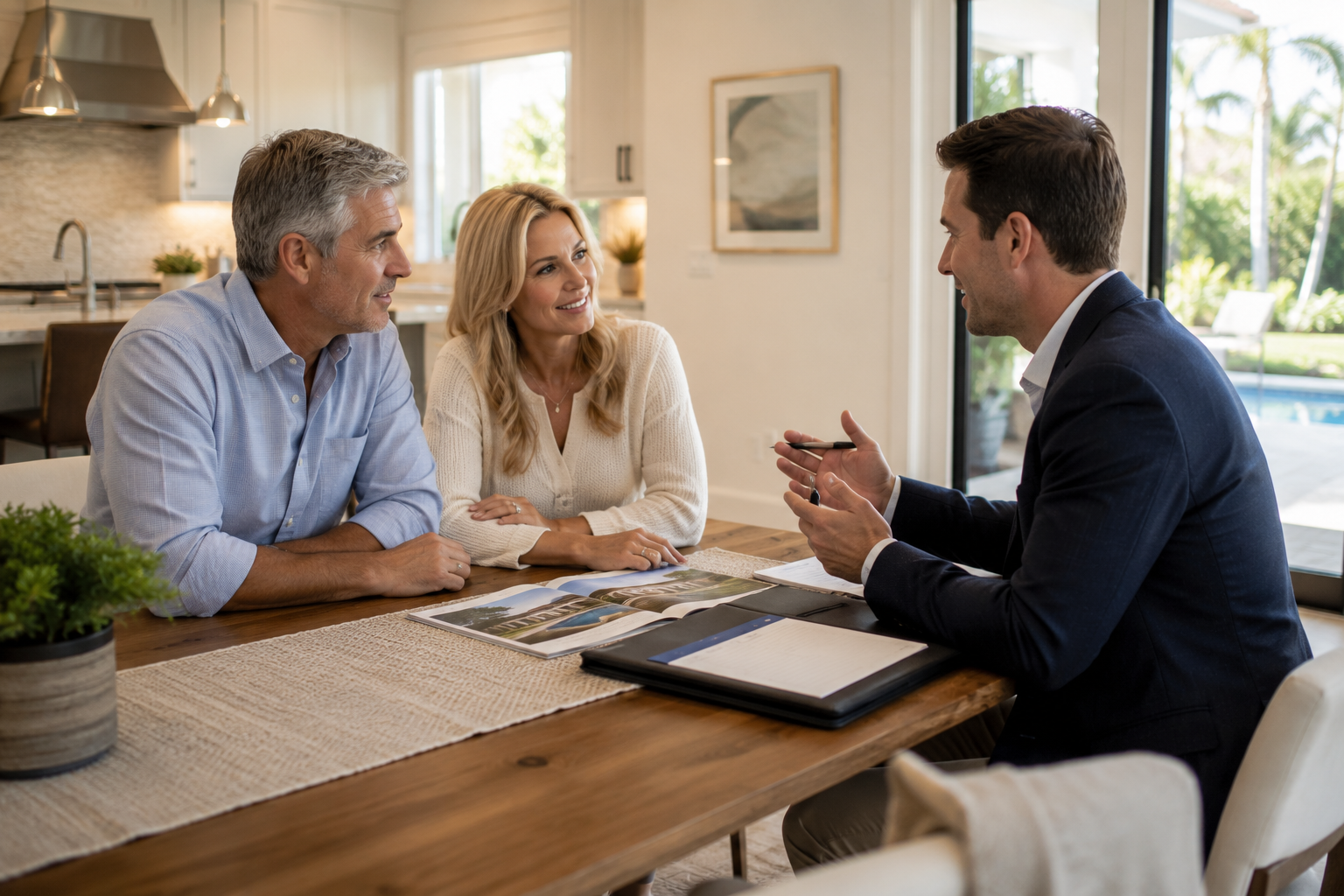 A morning consultation scene in a Palm Beach County home, reflecting the deliberate, question-driven process of evaluating a real estate professional before committing to a transaction. The composition emphasizes calm, unhurried decision-making rather than urgency
