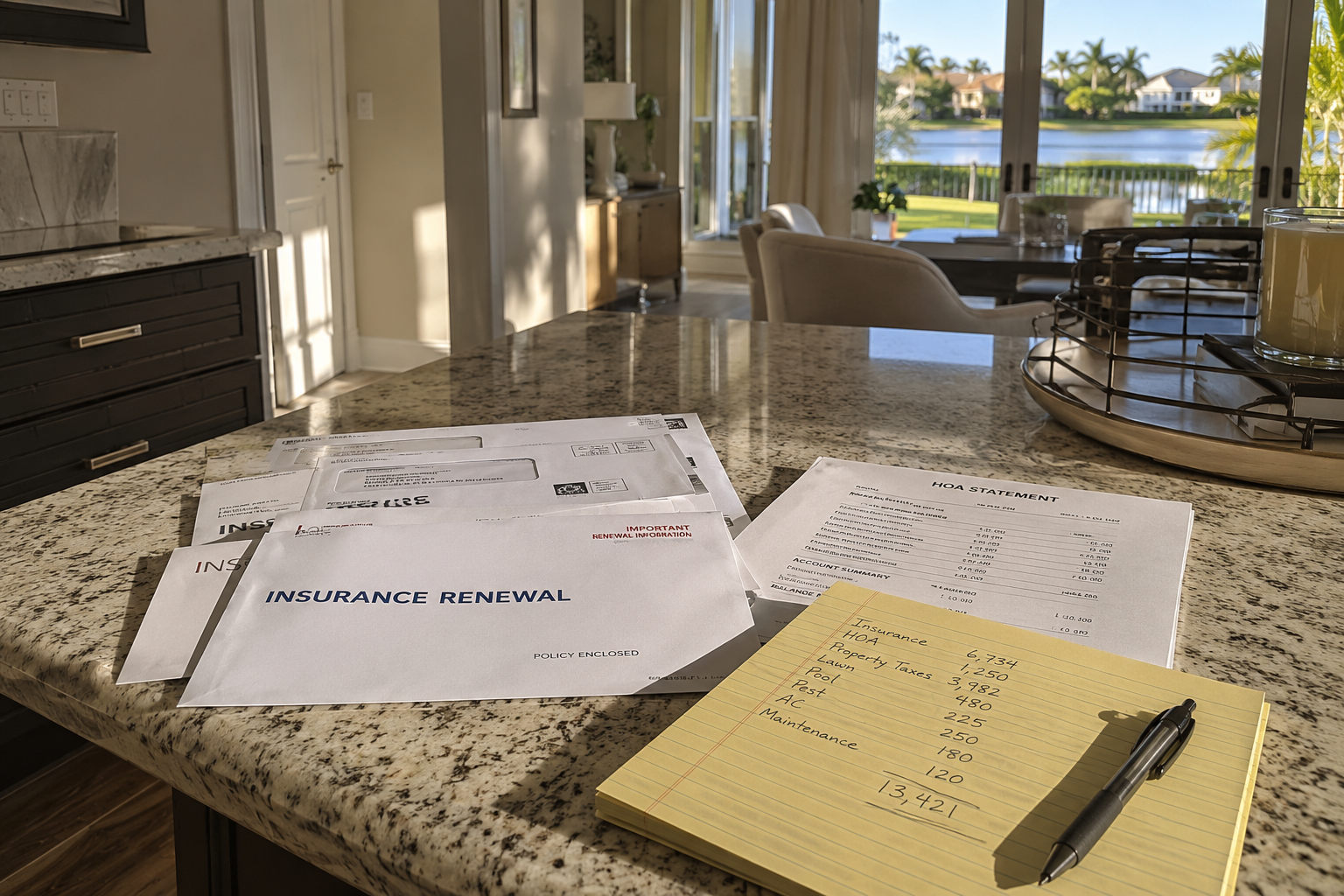 A still, well-maintained Palm Beach Gardens home interior photographed in late afternoon light, with insurance renewal documents, HOA statements, and a handwritten cost summary visible on a kitchen counter. The scene illustrates the accumulated and often invisible carrying costs — insurance, property taxes, HOA fees, and maintenance — that Palm Beach County homeowners face when evaluating whether staying continues to make sense in 2026. The image is intended to accompany content on the real carrying cost of homeownership and lifestyle simplification decisions in Palm Beach County.