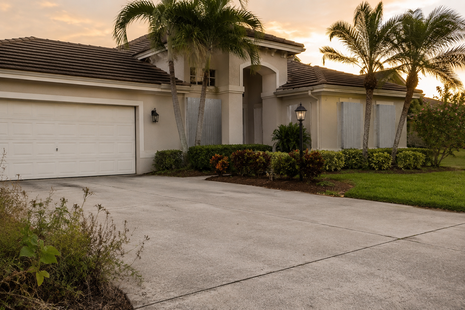 A photorealistic exterior view of a South Florida residential property in West Palm Beach, captured in late afternoon light with hurricane shutters partially closed and an empty driveway. The composition suggests a home that is maintained but no longer actively inhabited in spirit — a visual representation of the carrying costs and ownership drift explored in this asset about the real financial cost of delaying a sale in Palm Beach County.