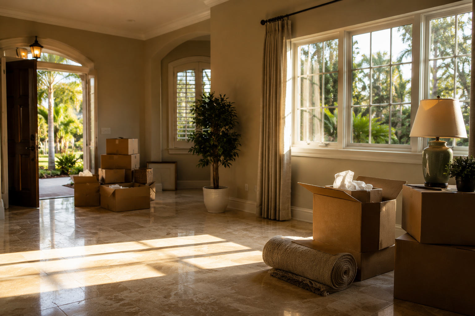 A quiet, in-progress moving scene in a Palm Beach County home, reflecting the personal and logistical layers of a real estate decision connected to a larger life transition. The composition emphasizes gradual transition rather than urgency or resolution.