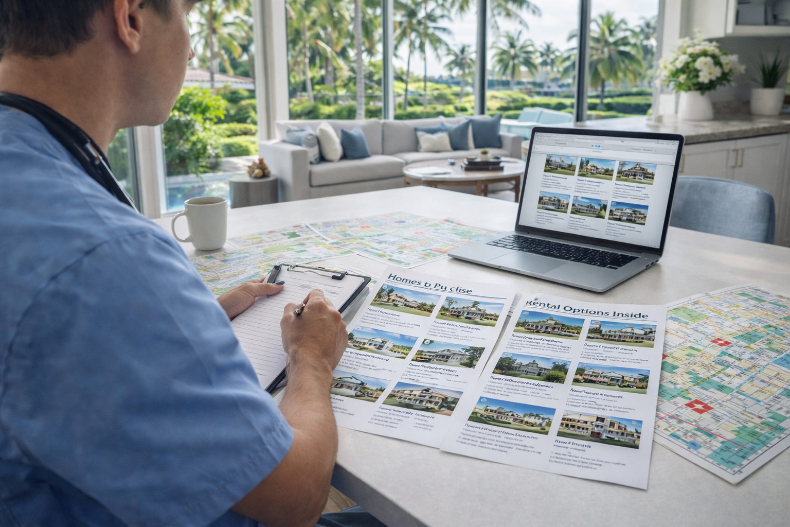 healthcare professional planning relocation to Palm Beach County reviewing homes and commute options