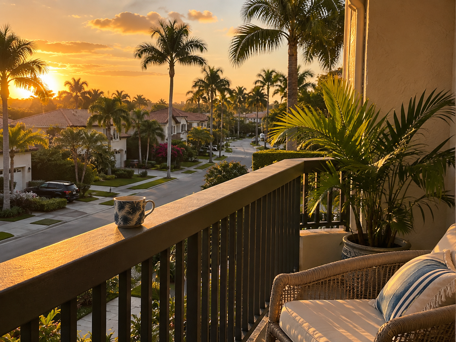 A sun-lit rental apartment balcony in West Palm Beach, Florida, photographed in late afternoon with a single chair and coffee mug on the railing &mdash; visually representing the pause and orientation phase that healthcare professionals relocating to Palm Beach County often benefit from before making an ownership decision. The scene is quiet and transitional, neither fully settled nor fully temporary, echoing the rent vs. buy inflection point the asset addresses.