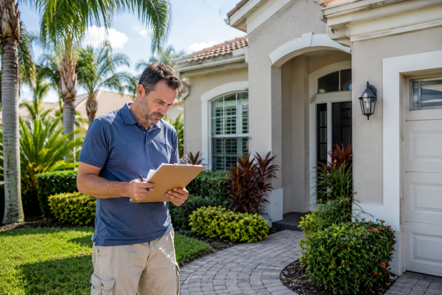 South Florida homeowner reviewing repair notes outside a Wellington Florida home with palm trees and clean landscaping in daylight.