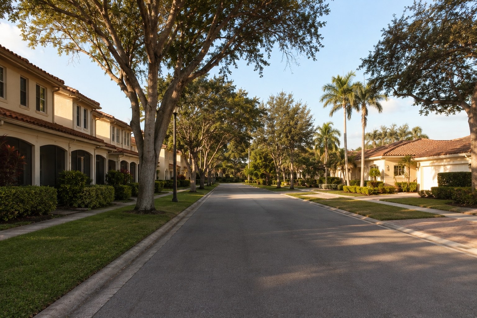 A residential street in Palm Beach County, Florida where a low-rise villa terrace faces detached single-family homes in late-afternoon light. The scene accompanies an article on downsizing without moving away, how the obligation profile of a property can change while the area stays the same, and what can and cannot transfer off an owner.
