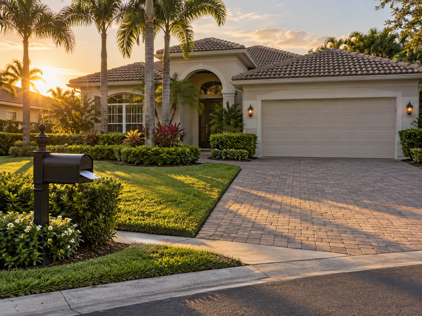 A photorealistic exterior scene of a Palm Beach Gardens HOA community home in late afternoon light, with closed garage doors, trimmed landscaping, and a visible piece of mail in the mailbox — visually evoking the quiet tension of a homeowner running the numbers on rising HOA fees and whether to stay or sell in Palm Beach County. The stillness of the scene reflects the gradual, internal nature of ownership fatigue and simplification decisions common among long-term Palm Beach County homeowners.