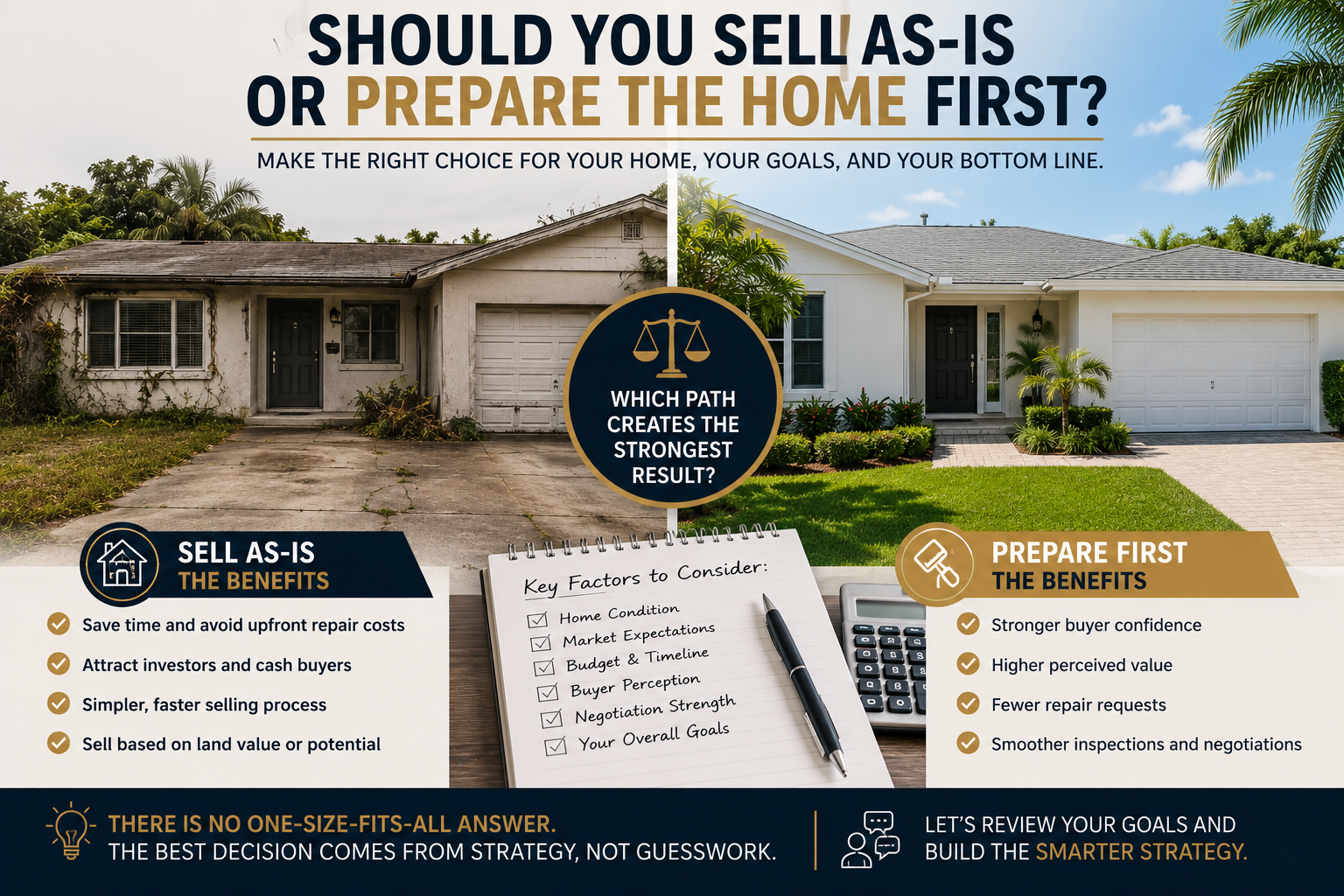 Palm Beach County seller strategy image comparing selling a home as-is versus preparing it before listing, including buyer confidence, deferred maintenance, pricing, and negotiation considerations.