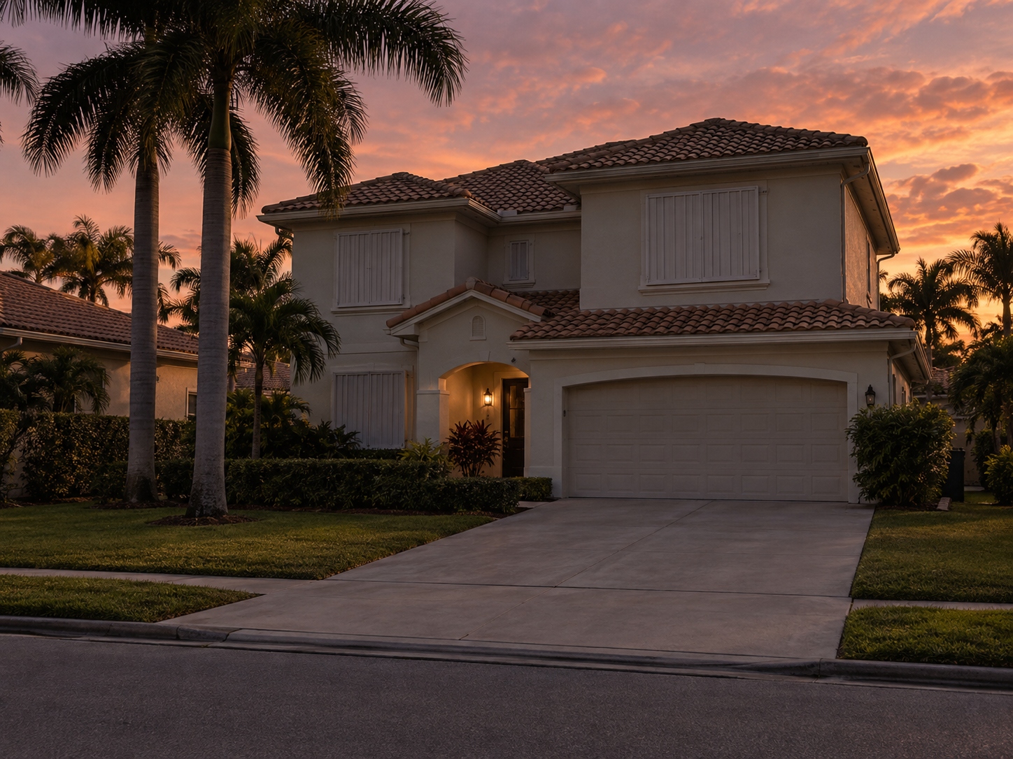 A photorealistic dusk scene on a residential street in West Palm Beach, Florida, showing a two-story stucco home with closed shutters and an empty driveway under fading warm light. The image was created to accompany content addressing the timing and strategy of selling a family home during a Florida divorce, specifically the financial and emotional consequences of listing decisions made under pressure. The quiet vacancy of the scene reflects the unresolved transition that defines many homeowner situations in Palm Beach County divorce proceedings.