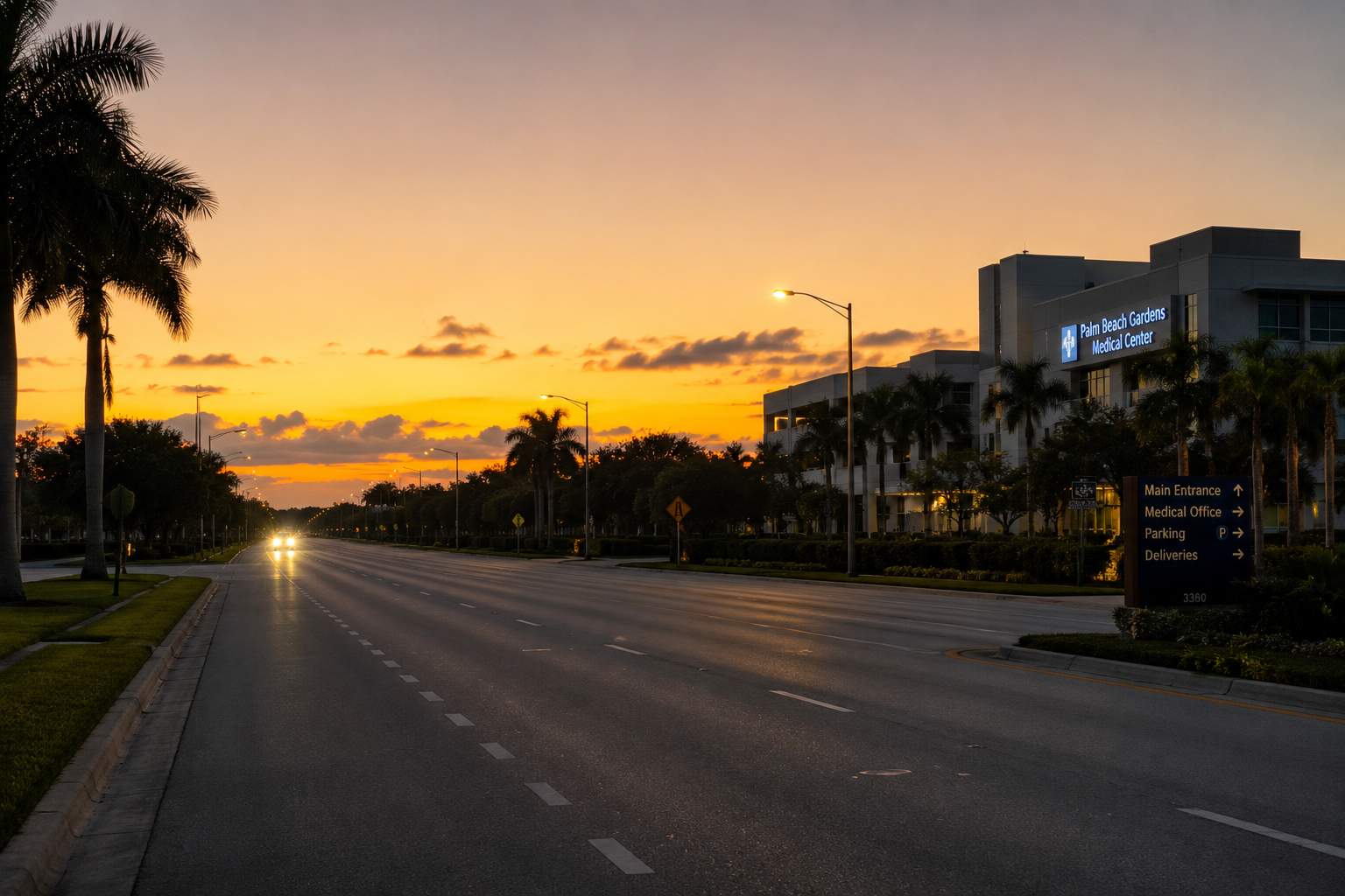 A pre-sunrise road scene near West Palm Beach, Florida, captured during the transitional hour when night-shift healthcare workers complete their commutes and day-shift workers begin theirs. The image reflects the geographic and temporal realities facing Palm Beach County healthcare professionals whose shift schedules create location requirements that standard homebuyer guidance does not address. The quiet road and approaching headlights reinforce the practical commute considerations central to shift-schedule home location decisions in the Palm Beach County healthcare relocation market.