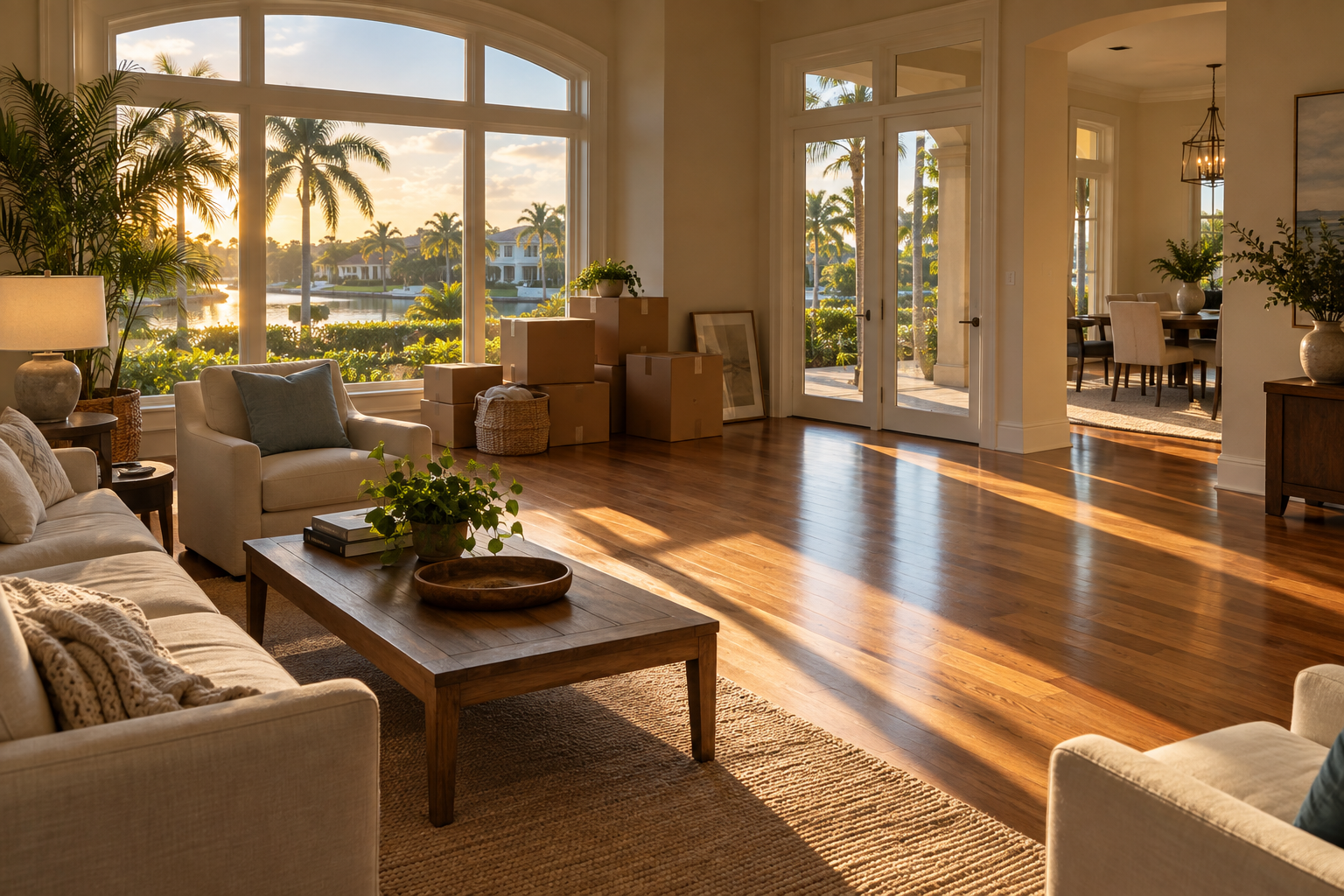 A well-maintained Palm Beach County residence captured mid-transition — moving boxes staged near a window, the living space partially cleared, late-afternoon South Florida light crossing an open floor. The image reflects the simultaneous buy-sell process common among Palm Beach County homeowners managing overlapping sale and purchase timelines, and the quiet complexity of homeowner transitions at this stage of ownership.