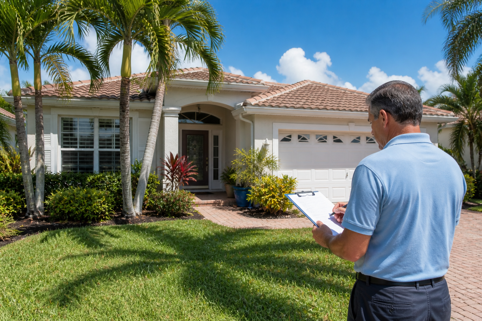 South Florida home exterior with an appraiser evaluating property condition illustrating how appraisals influence buyers and sellers locally