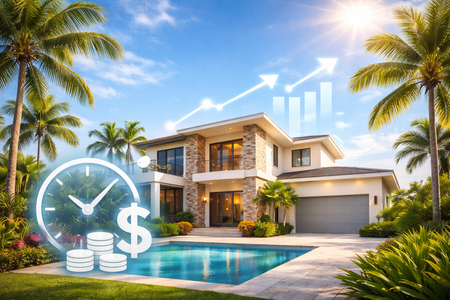 Modern South Florida home exterior with palm trees representing timing and opportunity in today’s real estate market