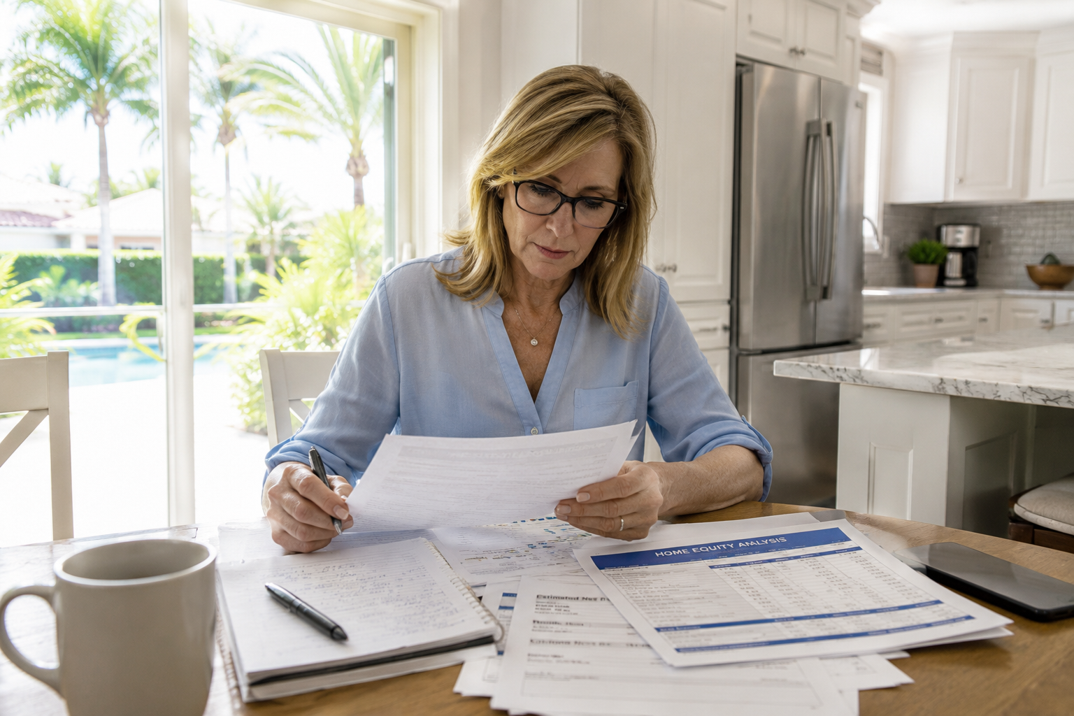 South Florida homeowner reviewing home equity paperwork and housing costs while considering a financially smarter move to a newer or lower-maintenance home.