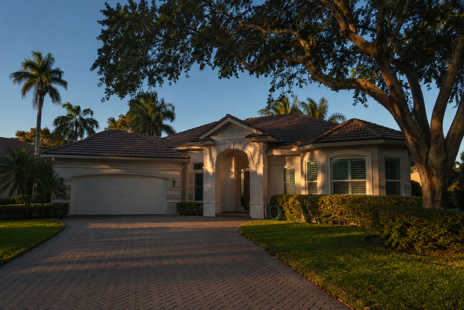 A photorealistic exterior scene of a Palm Beach Gardens residential property photographed in late afternoon light, capturing the visual stillness of long-term ownership. The image is paired with content exploring how South Florida homeowners systematically underestimate the financial flexibility created by accumulated equity. The scene's quiet, untended quality echoes the behavioral pattern of homeowners whose financial position has evolved significantly while their decision-making framework has remained unchanged.