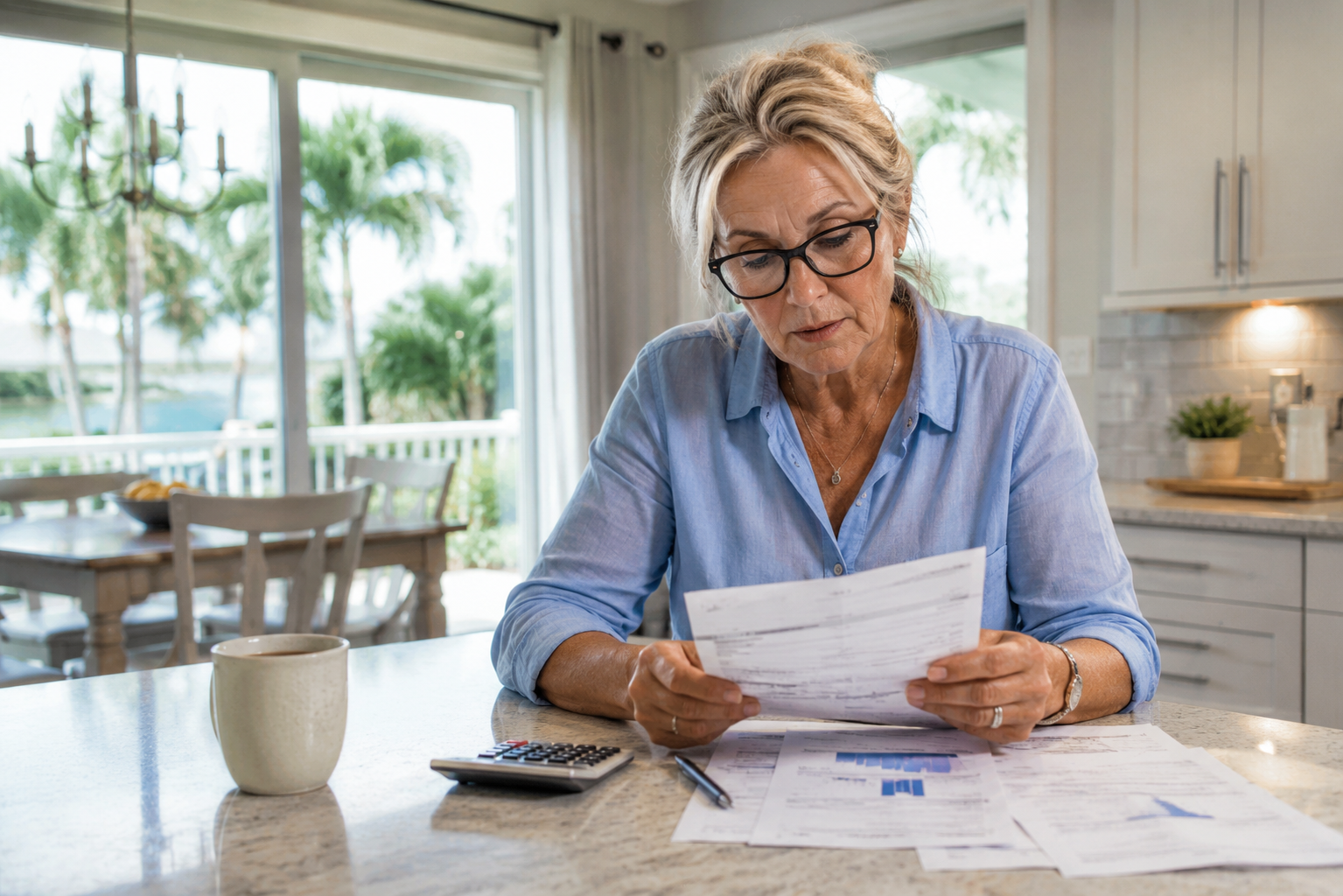 South Florida homeowner reviewing household expenses in a bright kitchen with palm trees visible outside during daylight