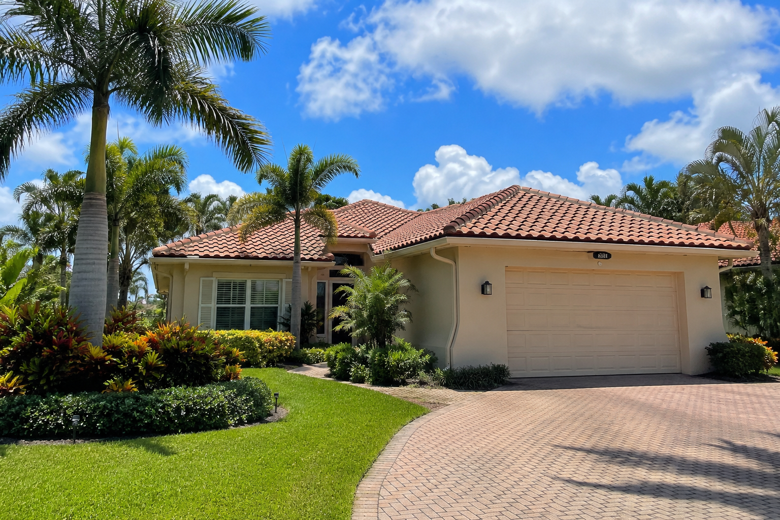 Beautiful South Florida residential home in Wellington featuring tropical landscaping, palm trees, bright natural light, and a calm neighborhood atmosphere that reflects the relaxed Palm Beach County lifestyle.