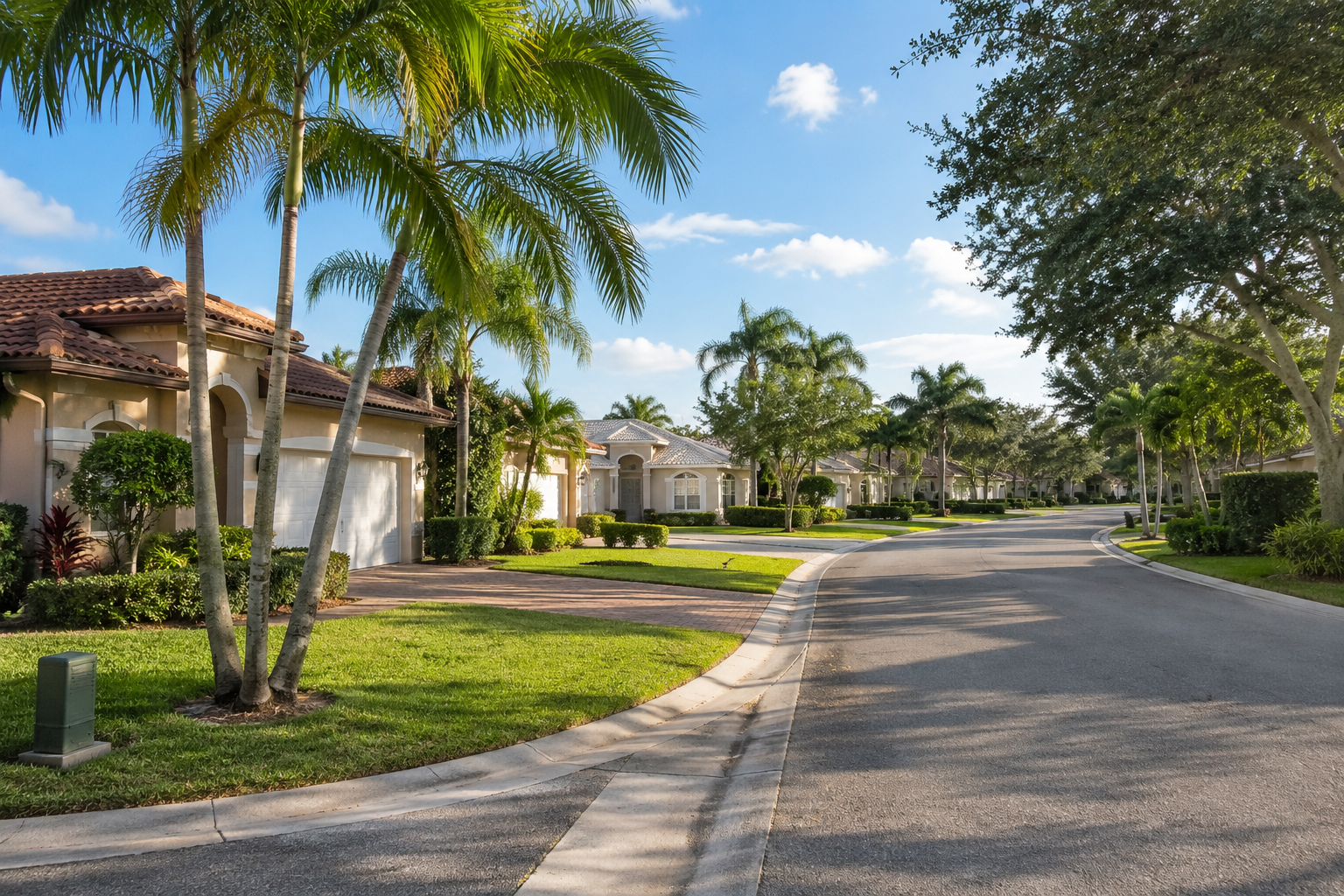 residential street scene in Wellington Florida featuring well-kept single-family homes, mature palm trees, manicured lawns, and warm afternoon light. The image represents the practical ownership decisions many Palm Beach County homeowners face as market conditions, insurance costs, maintenance responsibilities, and housing choices evolve.