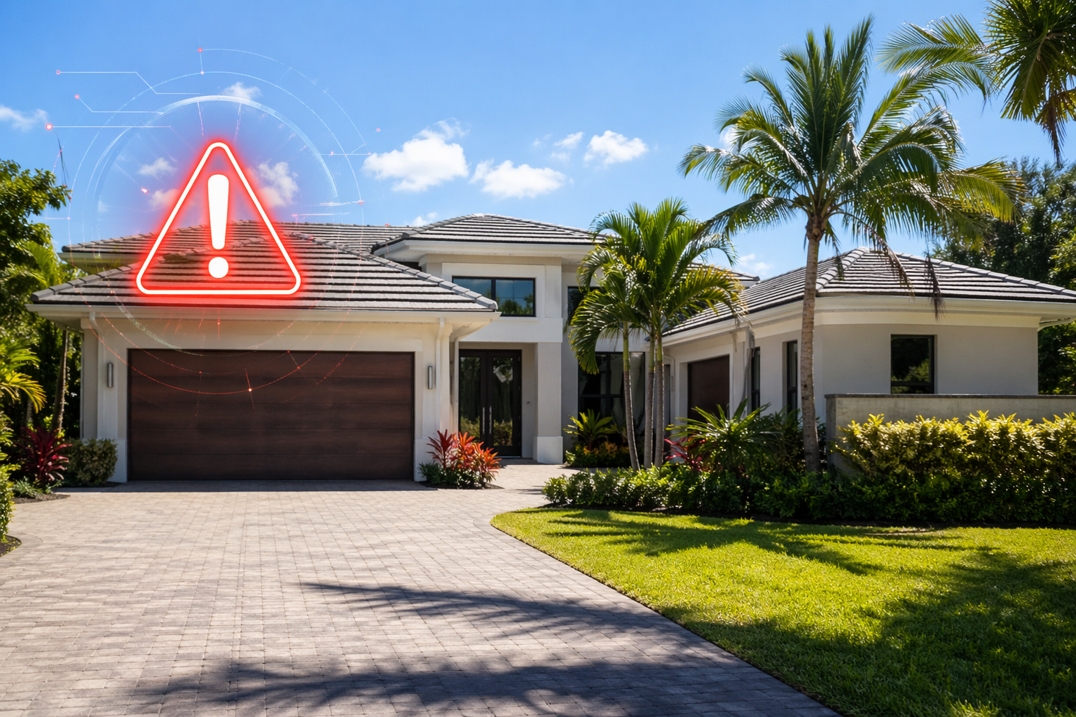 South Florida home with warning concept representing real estate fraud risks and red flags for buyers and sellers